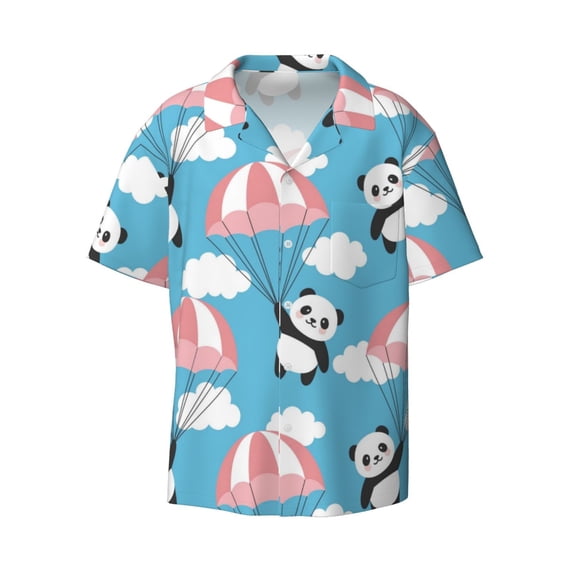 Naloa Panda Flying in the Sky Men's Loose Fit Cuban Collar Short-Sleeve Shirt with Button-down and Chest Pocket for Everyday Wear Outings - 4X-Large