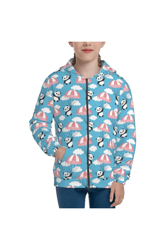 Panda Flying in the Sky Teenage Zipper Hoodie, Long Sleeve Zip Up Hoodies Casual Jackets Tops for 7-12 Years-Small