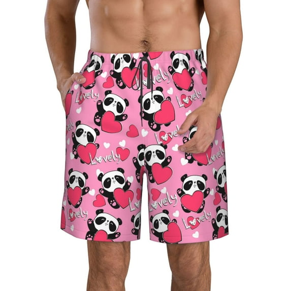 Naloa Panda Heart Valentine Men's Beach Shorts, Surfing shorts, Swim trunks, Quick Dry Swim Trunks for Surfing Beach Fun - Medium