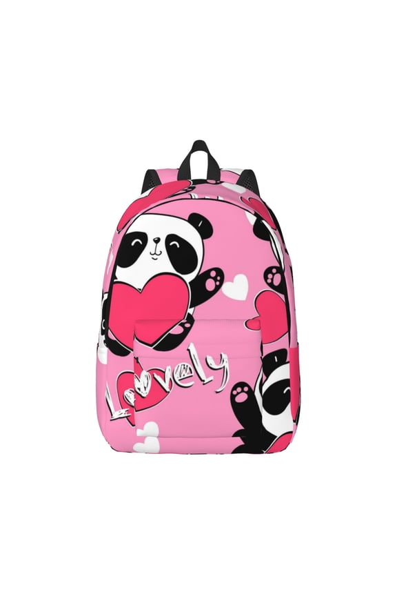 Panda Heart Valentine Pink Canvas Backpack for Men Women Rucksack Casual Travel Daypack College Tote Satchel Bookbag for Teens-Small