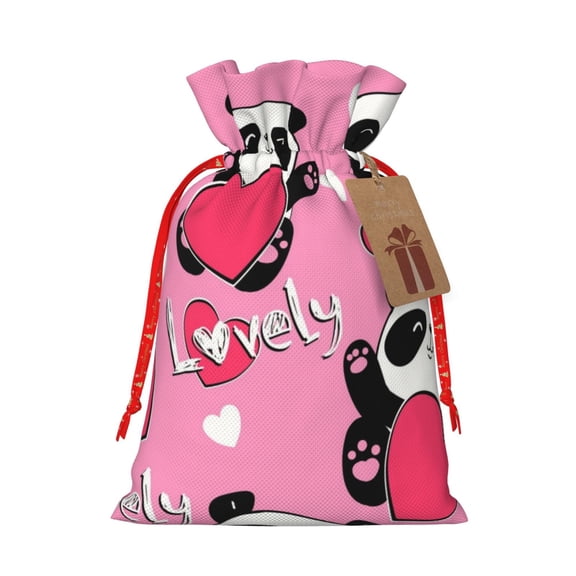 Naloa Panda Heart Valentine Pink Drawstring Christmas Bags, 3D Xmas Gift Bags, Christmas Wrapping Bags, Xmas Goodie Bags, Treat Pouch Bags, Party Favor Bags-Medium