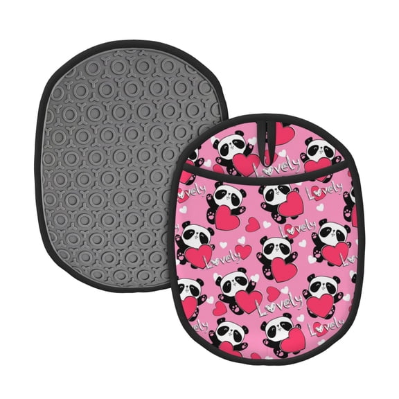 Naloa Panda Heart Valentine Silicone Pot Holders, Oven Mitts Heat Resistant Hot Pads, Non Slip Pot Holder for Kitchen Baking and Cooking 9.4 x 7.5 Inches