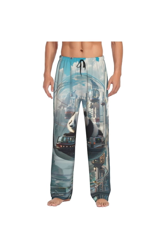 Panda In Futuristic City Pajama Pants Men, PJ Bottoms, Sleep & Lounge Pants-Medium