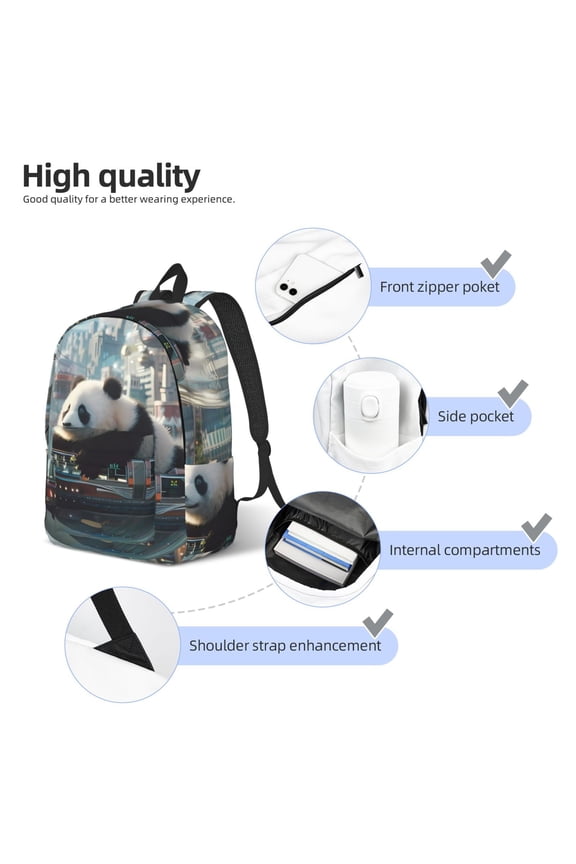 Panda In Futuristic City Print Durable Canvas College Rucksack,Laptop Excursion Backpack,Travel Notebook School Backpack,Bookbag For Men Women