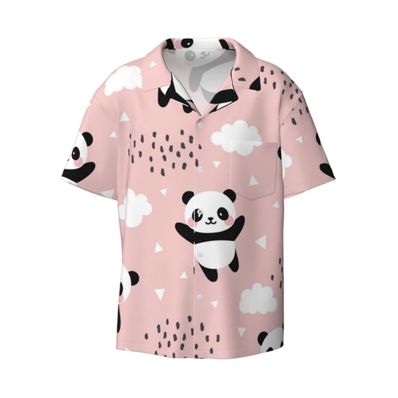 Naloa Panda Men's Loose Fit Cuban Collar Short-Sleeve Shirt with Button-down and Chest Pocket for Everyday Wear Outings - X-Large
