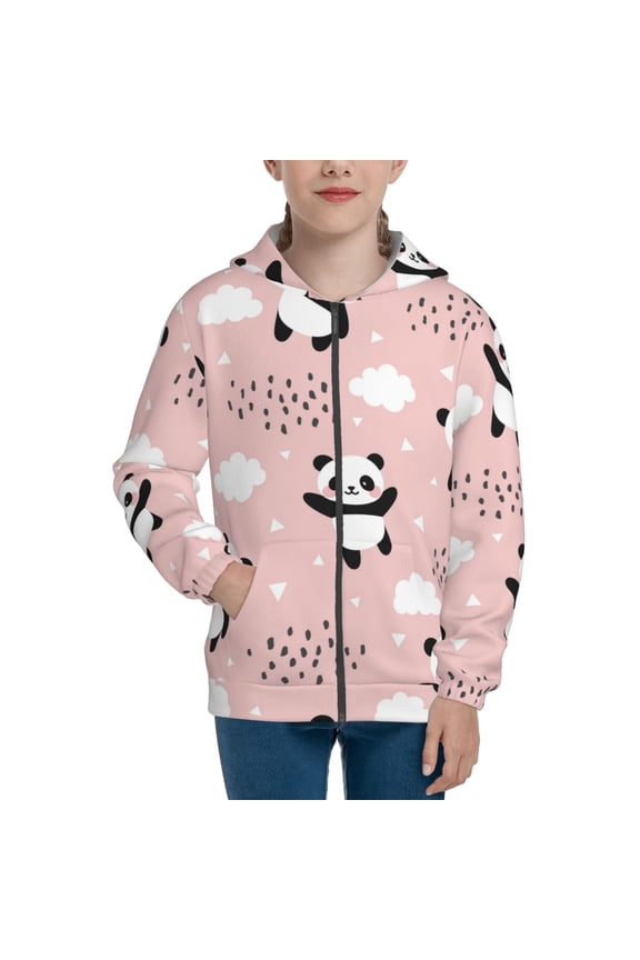 Panda Teenage Zipper Hoodie, Long Sleeve Zip Up Hoodies Casual Jackets Tops for 7-12 Years-Medium