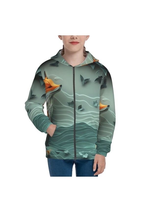 Paper Fox Crow Fantasy Teenage Zipper Hoodie, Long Sleeve Zip Up Hoodies Casual Jackets Tops for 7-12 Years-Medium