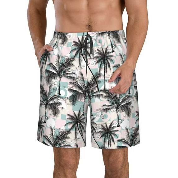 Wukai Hawaii Palms Print Beach Trunks with Compression Liner Swimsuit Quick Dry Beach Sports Shorts with Pocket-X-Large