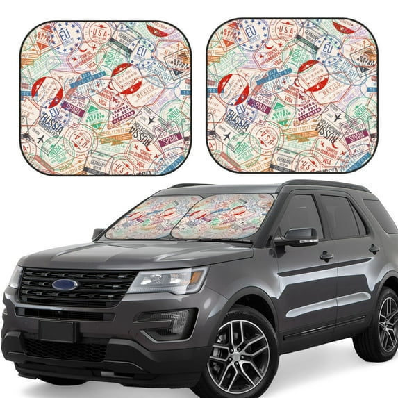 Naloa Passport Stamp Print 2-Piece Windshield Sunshade,Foldable Car Front Window Sun Shades,for Most Sedans SUV Truck-Medium