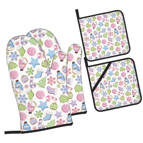 Naloa Pastel Christmas Cookies Oven Mitts and Pot Holders 4 pcs Set, Cooking Baking Grilling Kitchen Oven Glove for Cooking