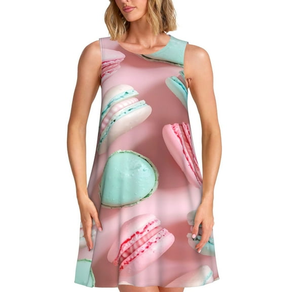 Naloa Pastel Macarons Delight Print Women's Summer Spring Casual Beach Sundress,Vacation Sleeveless Tank Crewneck Loose Dresses