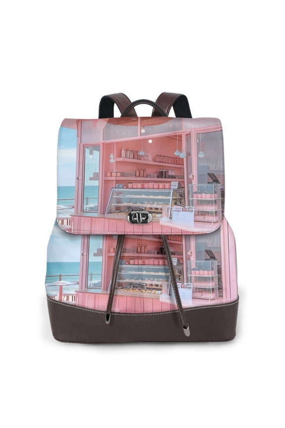 Naloa Pastel Pink Beach Cafe Print Leather Backpack Purse for Women and Ladies,Shoulder Travel Daypacks Bags,Laptop Backpack for Women