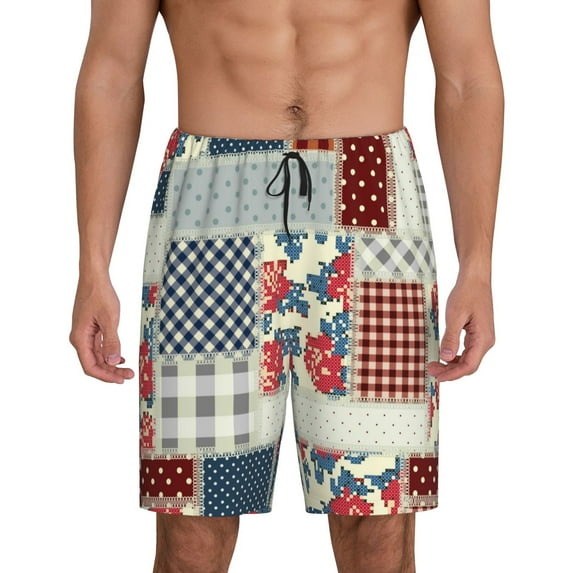 Naloa Patchwork In Country Style Men's Short Pajama Pants, Lounge Comfort Shorts with Elasticized Waistband and Side Pockets - Small