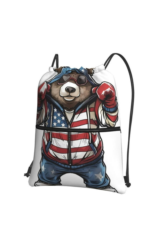 Patriotic Boxing Bear Art Drawstring Backpack String Bag Cinch Water Resistant for Gym Shopping Sport Yoga