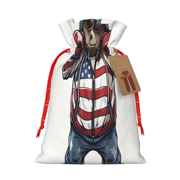 Naloa Patriotic Boxing Bear Art Drawstring Christmas Bags, 3D Xmas Gift Bags, Christmas Wrapping Bags, Xmas Goodie Bags, Treat Pouch Bags, Party Favor Bags-Small