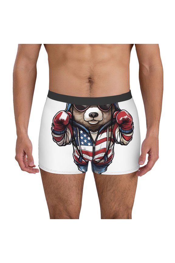 Patriotic Boxing Bear Art Mens Underwear - Boxers for Men, Mens Boxer Briefs, Classic Briefs for Men-Small
