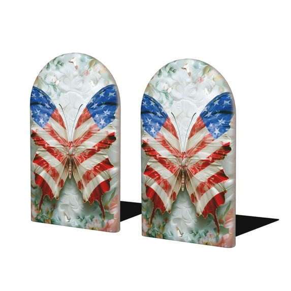 Naloa Patriotic Butterfly Floral Wood Non-Skid Bookend for Shelves,Book Ends for Heavy Books, Book Stand for CDs,1 Pair