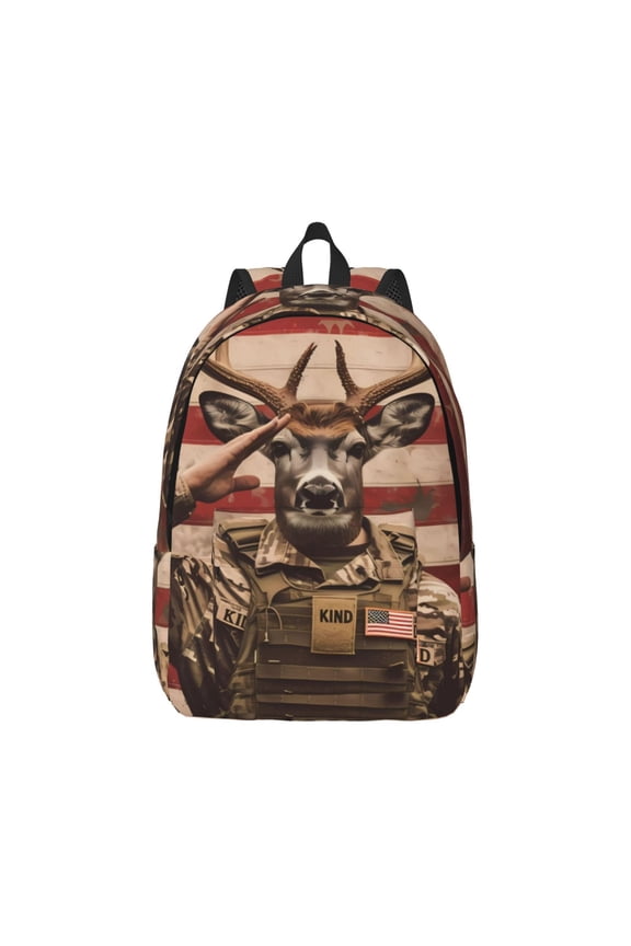 Patriotic Deer Soldier Salute Canvas Backpack for Men Women Rucksack Casual Travel Daypack College Tote Satchel Bookbag for Teens-Medium