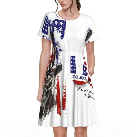 Naloa Patriotic Skull Art Print Womens Summer A-Line Dress with Pockets,Short Sleeve Dresses,Flowy Beach Swing Dress for Vacation Travel