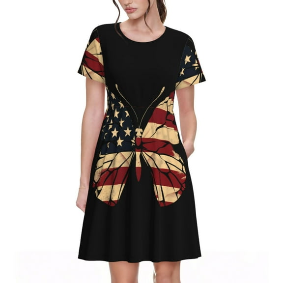 Naloa Patriotic USA Butterfly Art Print Womens Summer A-Line Dress with Pockets,Short Sleeve Dresses,Flowy Beach Swing Dress for Vacation Travel