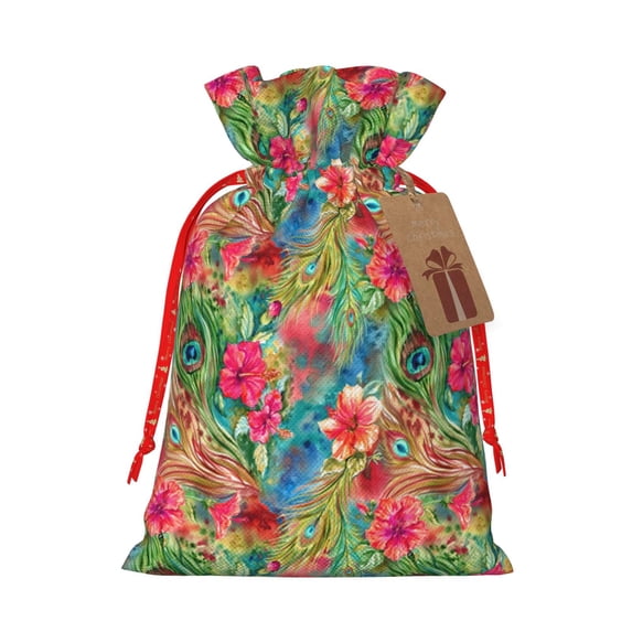 Naloa Peacock Feathers And Flowers Drawstring Christmas Bags, 3D Xmas Gift Bags, Christmas Wrapping Bags, Xmas Goodie Bags, Treat Pouch Bags, Party Favor Bags-Medium