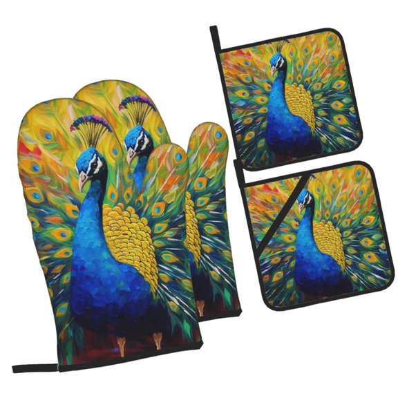 Naloa Peacocks Oven Mitts and Pot Holders 4 pcs Set, Cooking Baking Grilling Kitchen Oven Glove for Cooking