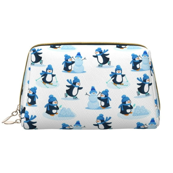 Naloa Penguin Winter Fun Leather Makeup Bag for Purse Travel, Portable Small Cosmetic Organizer for Women and Girls, Make up Bag with Zipper