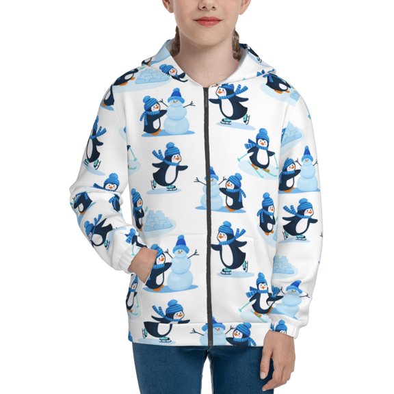 Naloa Penguin Winter Fun Teenage Zipper Hoodie, Long Sleeve Zip Up Hoodies Casual Jackets Tops for 7-12 Years-