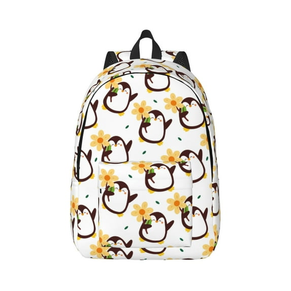 Naloa Penguin With Flowers Canvas Backpack for Men Women Rucksack Casual Travel Daypack College Tote Satchel Bookbag for Teens-Small