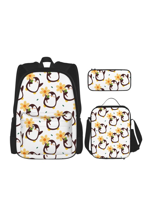 Penguin With Flowers Print Large Capacity Backpack Lunch Bag Pencil Case Combination 3 Piece Set for Student