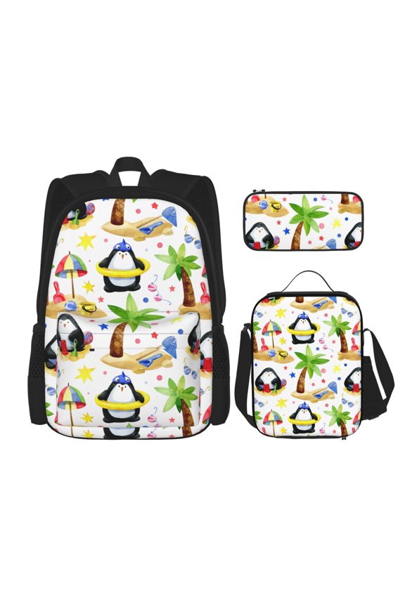 Penguins On The Beach Print Large Capacity Backpack Lunch Bag Pencil Case Combination 3 Piece Set for Student