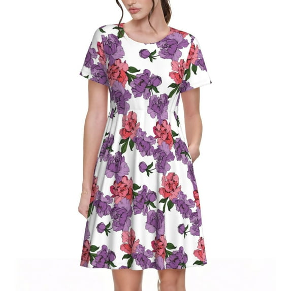 Naloa Peonies Print Womens Summer A-Line Dress with Pockets,Short Sleeve Dresses,Flowy Beach Swing Dress for Vacation Travel