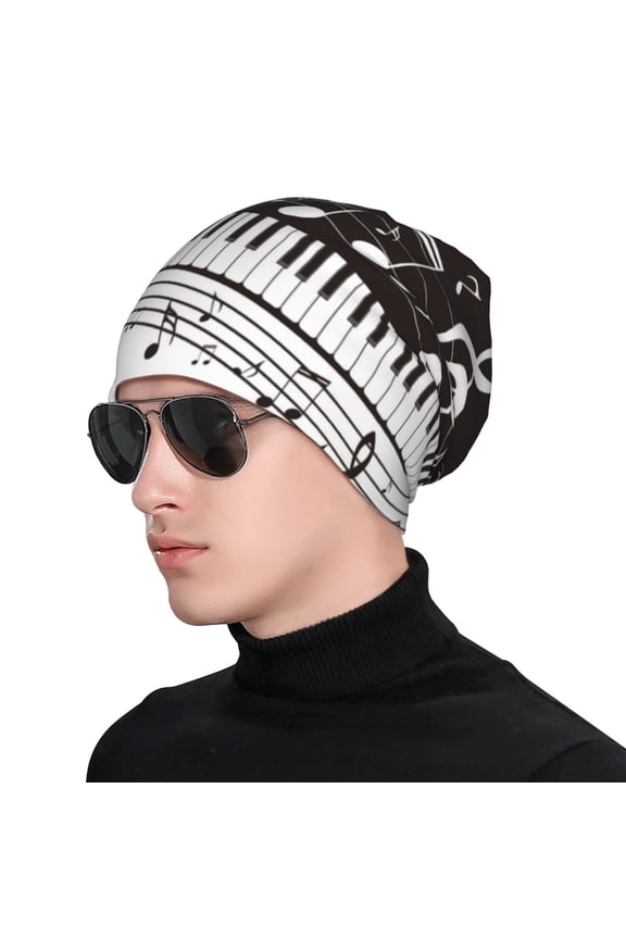 Piano Keys With Musical Notes Soft Beanie Hat, Knit Beanie Daily Beanie in Fine Knit for Women Men Winter Travel, Outdoor