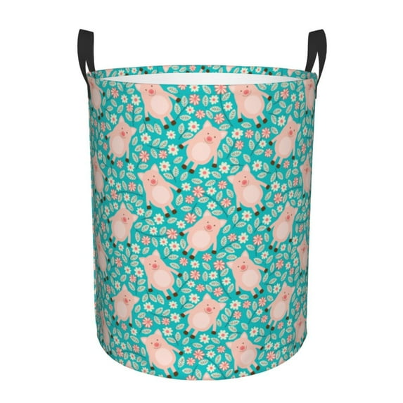 Naloa Pig And Flower Large Laundry Basket Waterproof Round Collapsible Storage bin with Handles for Hamper Kids Room,Toy Storage