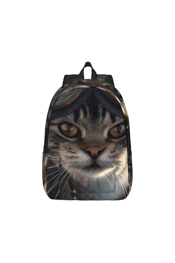 Pilot Cat In Vintage Plane Canvas Backpack for Men Women Rucksack Casual Travel Daypack College Tote Satchel Bookbag for Teens-Medium