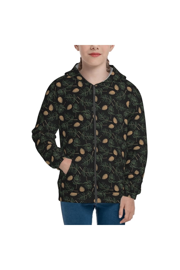Pine Cone Woodland Pattern Teenage Zipper Hoodie, Long Sleeve Zip Up Hoodies Casual Jackets Tops for 7-12 Years-
