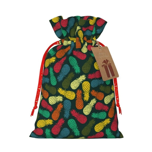 Naloa Pineapple Fruit Colorful Drawstring Christmas Bags, 3D Xmas Gift Bags, Christmas Wrapping Bags, Xmas Goodie Bags, Treat Pouch Bags, Party Favor Bags-Small