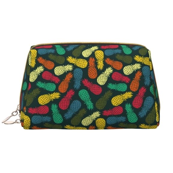 Naloa Pineapple Fruit Colorful Leather Makeup Bag for Purse Travel, Portable Small Cosmetic Organizer for Women and Girls, Make up Bag with Zipper