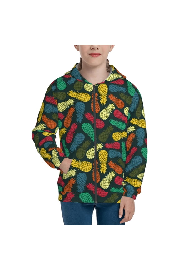 Pineapple Fruit Colorful Teenage Zipper Hoodie, Long Sleeve Zip Up Hoodies Casual Jackets Tops for 7-12 Years-Small