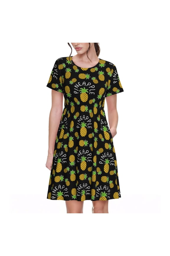Pineapple Print Womens Summer A-Line Dress with Pockets,Short Sleeve Dresses,Flowy Beach Swing Dress for Vacation Travel