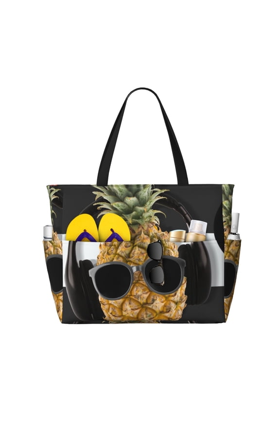 Pineapple With Black Glasses Large Capacity Beach Bag, Waterproof Sandproof Beach Swim Pool Bag Tote Bag for Women