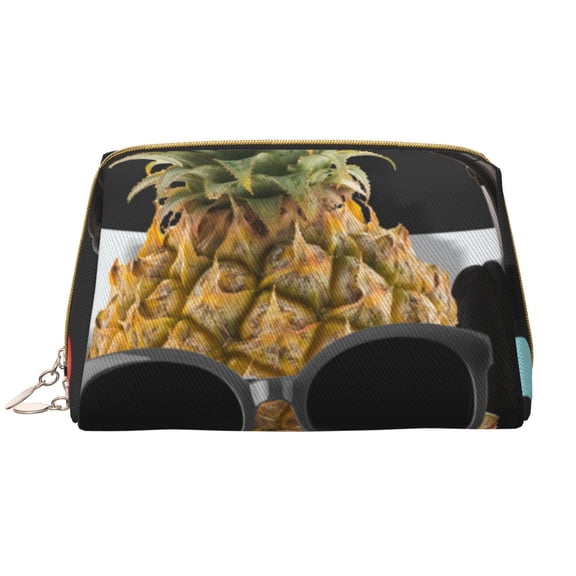 Naloa Pineapple With Black Glasses Leather Makeup Bag for Purse Travel, Portable Small Cosmetic Organizer for Women and Girls, Make up Bag with Zipper