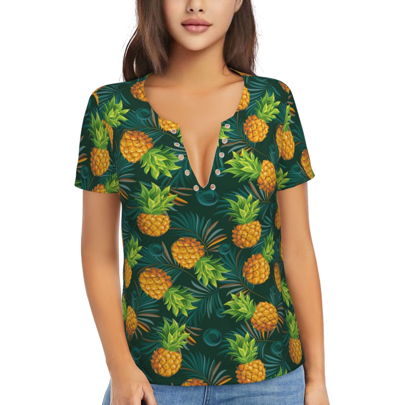 Naloa Pineapples with Palm Leaves Print T-Shirts Short Sleeve V Neck Tees for Women Fashion Tops Trendy Lightweight Soft Casual Summer Outfits Clothes