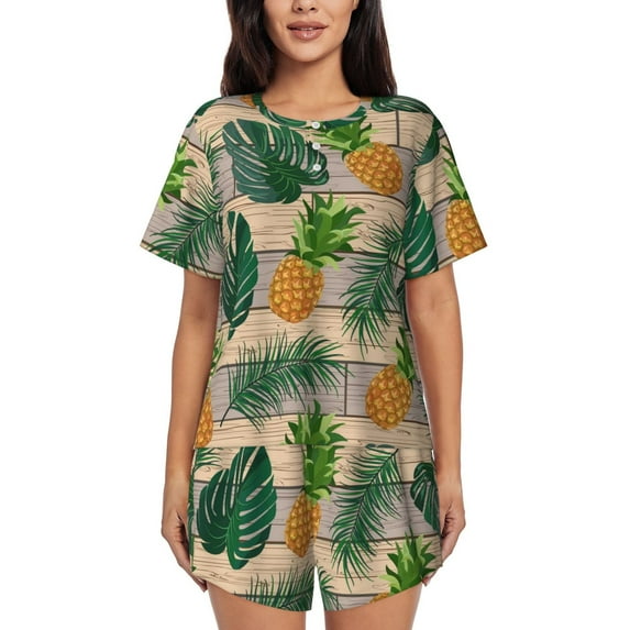 Naloa Pineapples Palm Leaves Women's Short-Sleeved Pajama Set, Loungewear, Summer pajamas, Breathable Cozy - Medium
