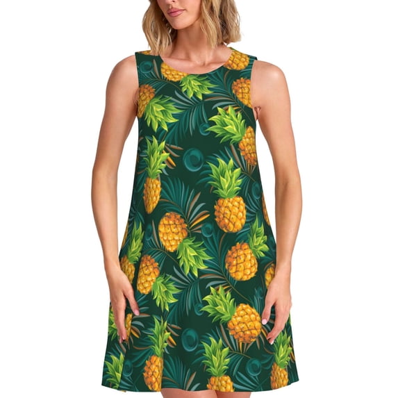 Naloa Pineapples with Palm Leaves Print Women's Summer Spring Casual Beach Sundress,Vacation Sleeveless Tank Crewneck Loose Dresses