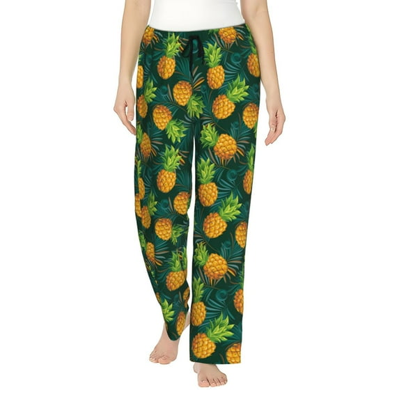 Naloa Pineapples with Palm Leaves Print Women’s Ultra-Soft Comfy Pajama Lounge Pants with Pockets & Drawstring