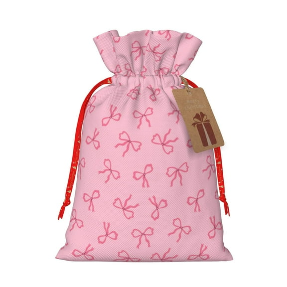 Naloa Pink Bows Drawstring Christmas Bags, 3D Xmas Gift Bags, Christmas Wrapping Bags, Xmas Goodie Bags, Treat Pouch Bags, Party Favor Bags-Small