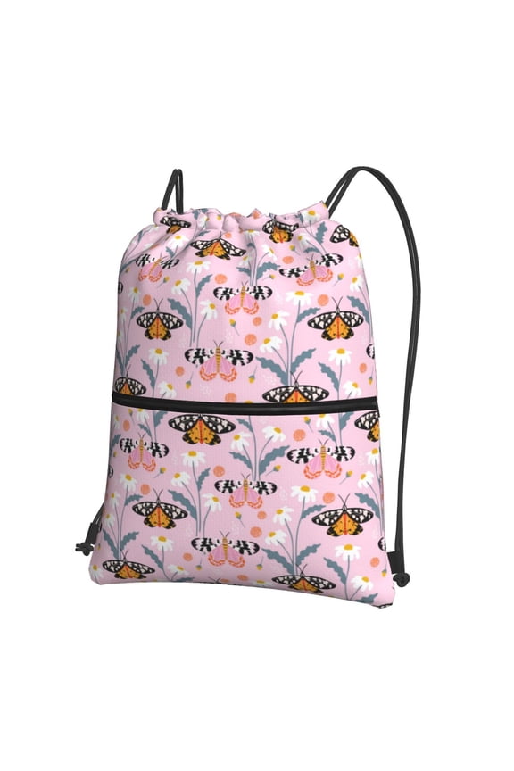 Pink Butterfly Daisy Drawstring Backpack String Bag Cinch Water Resistant for Gym Shopping Sport Yoga