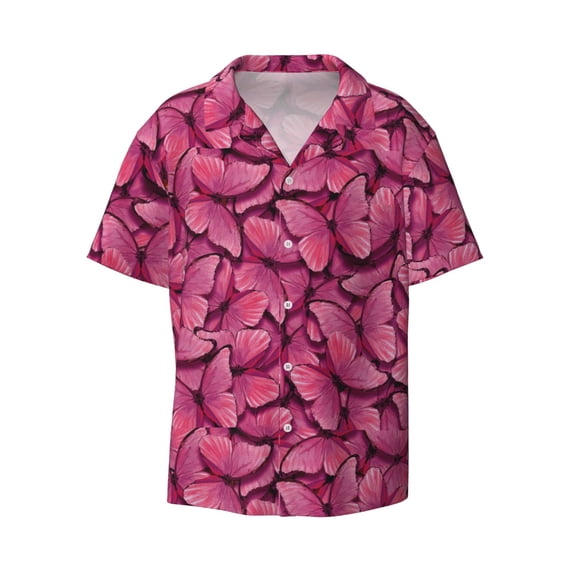Naloa Pink Butterfly Men's Loose Fit Cuban Collar Short-Sleeve Shirt with Button-down and Chest Pocket for Everyday Wear Outings - 3X-Large