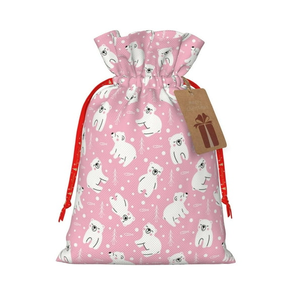 Naloa Pink Cartoon Bear Drawstring Christmas Bags, 3D Xmas Gift Bags, Christmas Wrapping Bags, Xmas Goodie Bags, Treat Pouch Bags, Party Favor Bags-Medium